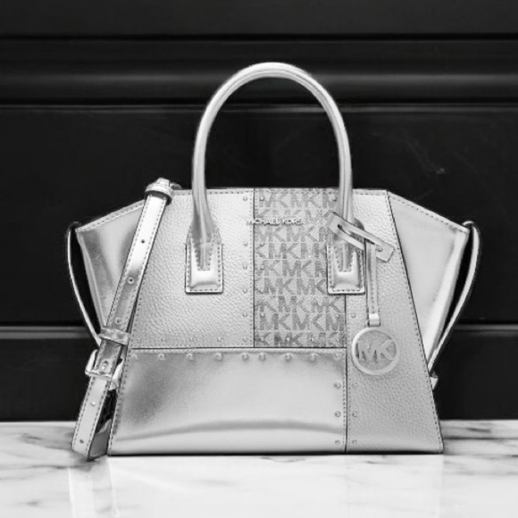 NWT $598 Michael Kors Avril Metallic Studded Patchwork & Signature Logo Satchel - Picture 1 of 8